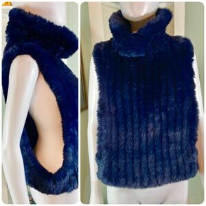 Neiman Marcus Navy Blue Faux Fur Vest Sweater Cowl Neck Turtleneck Open Sides M